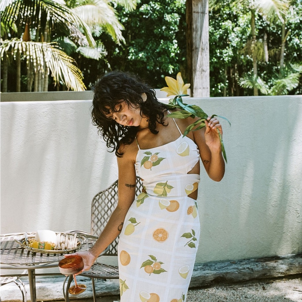 Sabo Skirt White Citrus-Print Midi Dress with Green Leaves